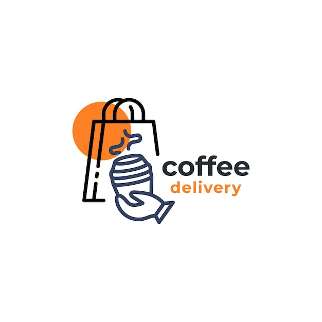 コーヒー ショップと紙袋配信ロゴ デザイン ベクトル線アイコン モダンでシンプルなスタイル