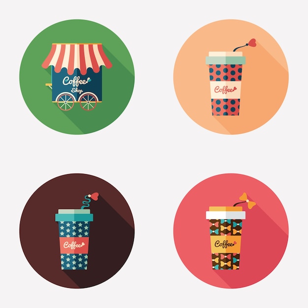 Coffee shop and paper coffee cups flat round icons.