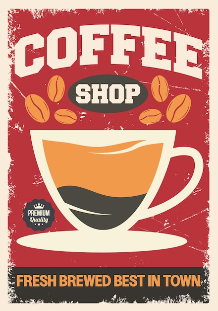 Coffee shop retro tin sign cafe bar interior decoration or promotional poster vector template