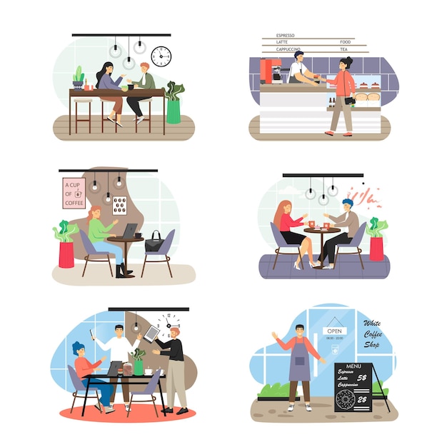 Coffee shop scene set, flat vector isolated illustration.