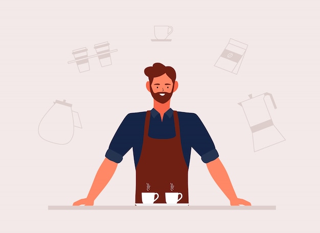 Illustrazione di piccola impresa della caffetteria ed uomo di barista in grembiule con la macchina disegnata a mano e gli accessori in un caffè