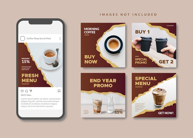 Coffee shop square social media template for instagram, facebook, carousel.