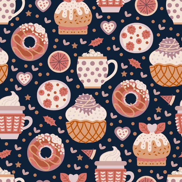 Coffee shop sweets seamless pattern. Cacao drink. Cafe background. Delicious cappuccino in cup with bakery products. Vector illustration for design of menu for sweet shoppe, candy store, tea shop
