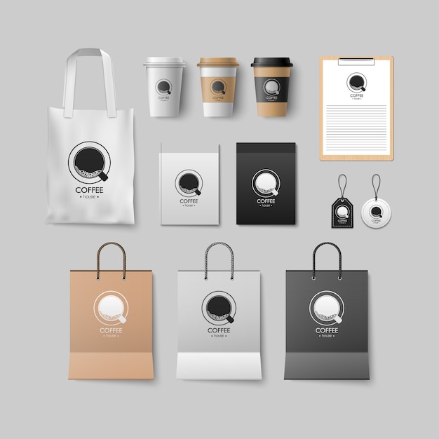 Set di modelli di caffetteria, design della confezione di caffè per aziende