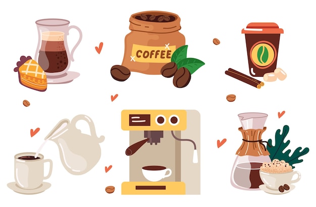 Coffee shop tools morning drink and sweet pie abstract set collection graphic design cartoon