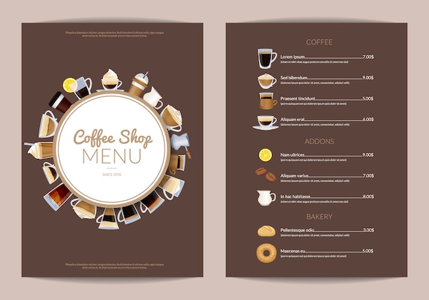 Coffee shop vertical menu template. cafe menu wi drink cup espresso and cappuccino