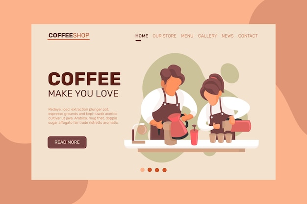 コーヒーショップのウェブサイトのランディングページ、ウェブページ。漫画フラット