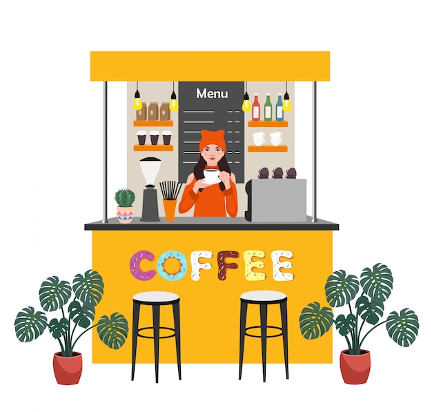 Caffetteria con barista che produce caffè. illustrazione moderna di concetto piatto per le piccole imprese.