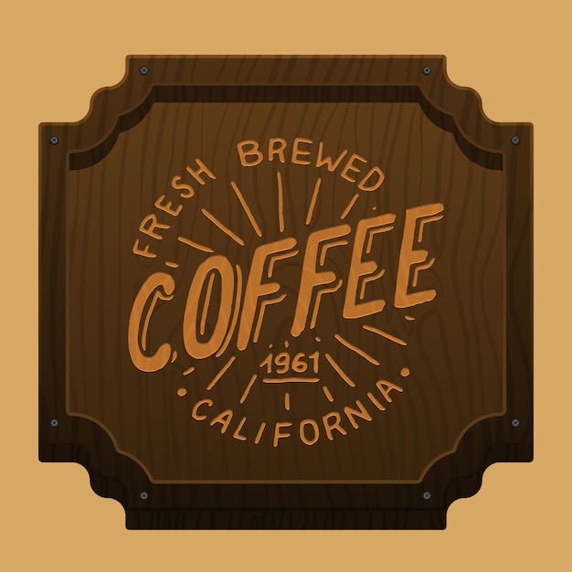 Vector coffee signboard for cafe or restaurant. engraved hand drawn. morning breakfast. wooden background, top view.