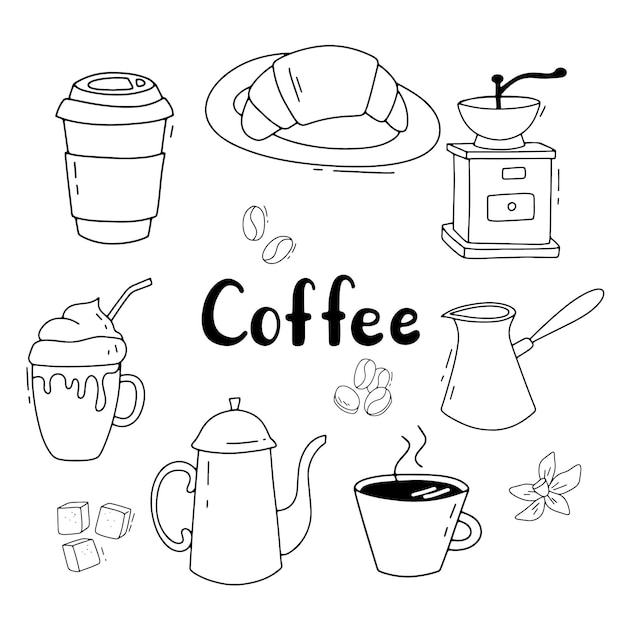 Coffee sketch set Doodle coffee cup and turk Vector illustration isolated on white