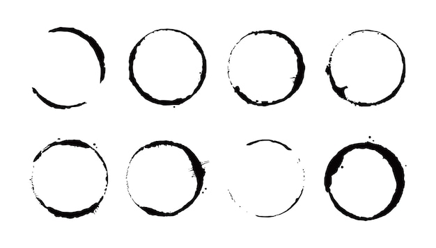 coffee stain ring set. vector illustration. drink stain stamp with round shape and splash element. coffee cup bottom circle effect.