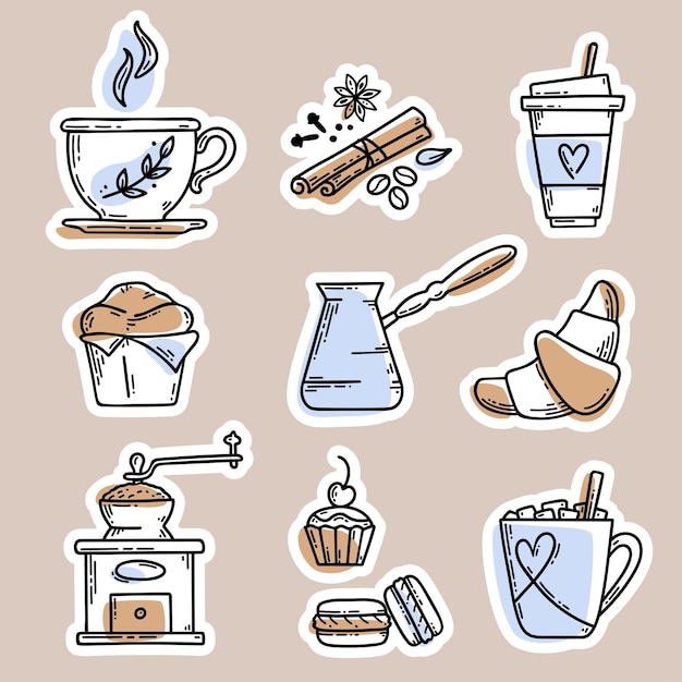 Coffee stickers set hand sketche illustration with coffee cups cezve spices coffee grinder croissant