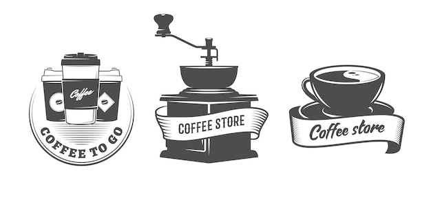 Vector coffee store logos with coffee grinder and cups vintage badges for cafe or shop