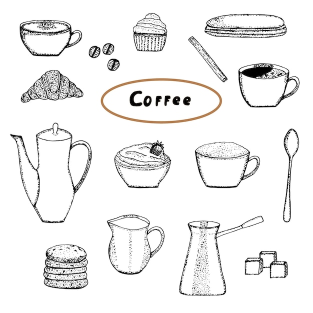 Coffee and sweets set, vector illustration hand drawing sketch