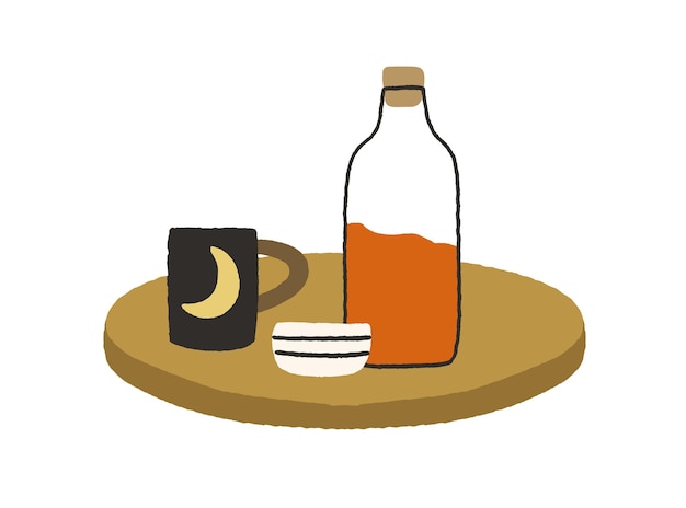 Coffee table top with glass corked bottle with juice, tea cup, bowl and mug composition. Homemade lemonade, teacup and teabowl. Colored flat vector illustration isolated on white background.