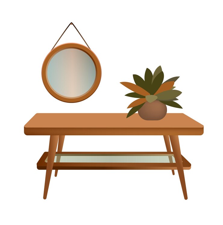 Vector coffee table with a house flower and a mirror on the wall isolated objects on a white background