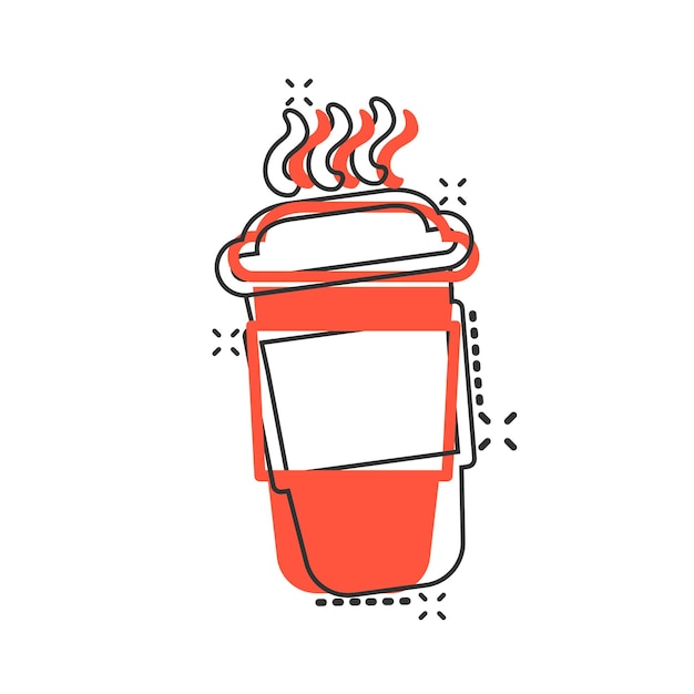 コミック スタイルのコーヒー ティー カップ アイコン コーヒー マグカップ ベクトル漫画イラスト ピクトグラム ドリンク ビジネス コンセプト スプラッシュ効果