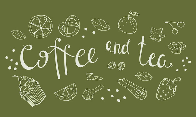 Coffee and tea. cute cartoon illustration with the inscription, decorative elements