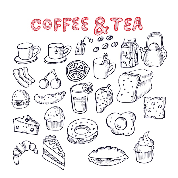 Caffè e tè, set di doodle