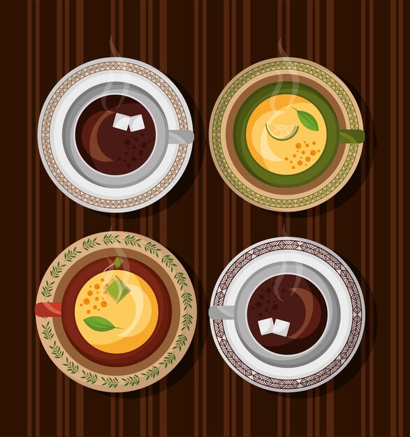Tazze di caffè e tè set tazze sul tavolo di legno