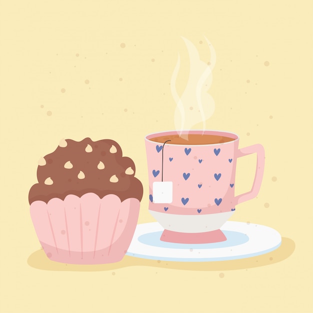 Кофе тайм и чашка чая на блюдо и кекс десерт