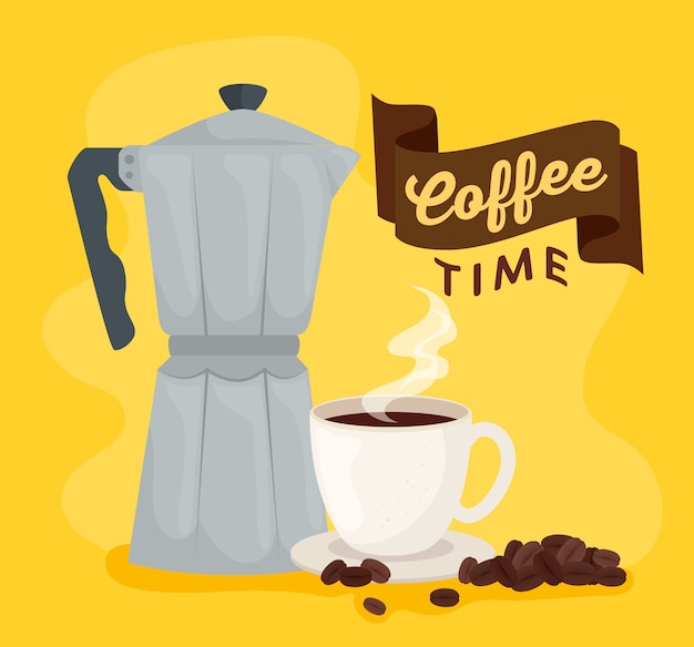 Coffee time banner with moka pot and cup ceramic illustration design