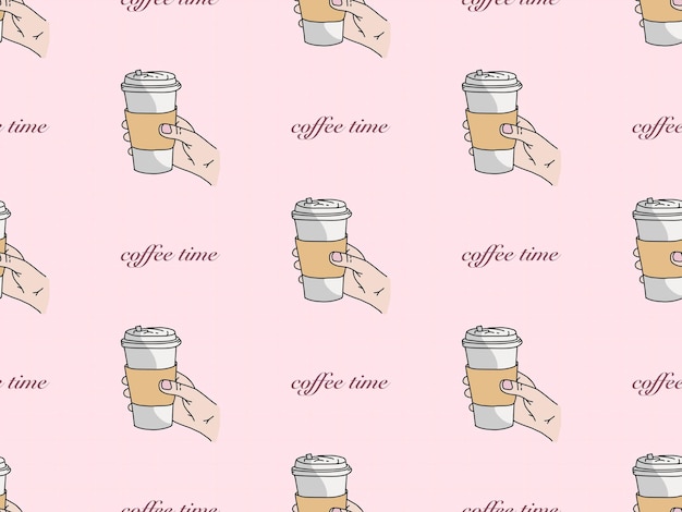 Vector coffee time cartoon character seamless pattern on pink background
