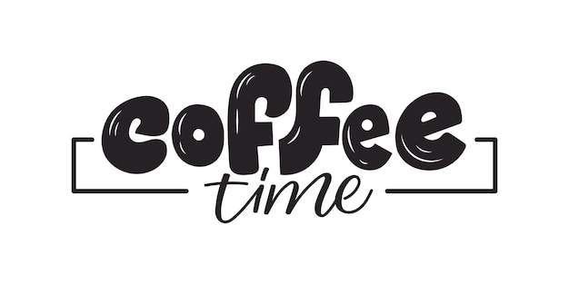 Coffee time cartoon lettering testo calligrafico con cornice su sfondo bianco modello di progettazione per la stampa di cartoline