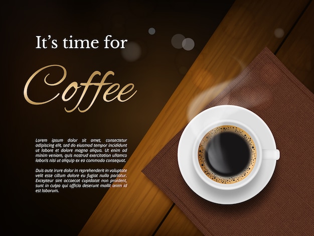 Poster di tempo del caffè. cartello pubblicitario con tazza di caffè marrone e posto per foto di testo