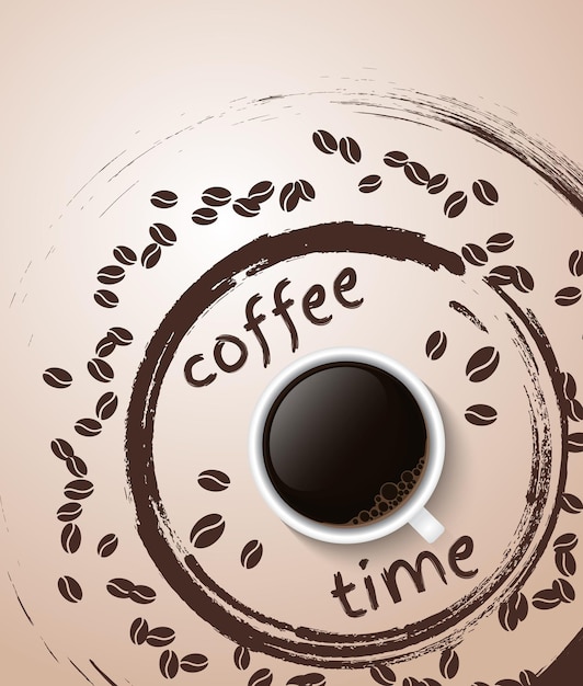 Vettore coffee time poster con realistica tazza di caffè piena di caffè espresso nero classico