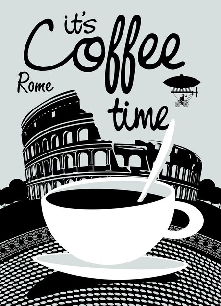 Vettore tempo del caffè nel poster di viaggio di roma