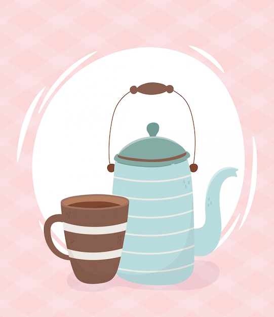 Вектор Кофе тайм, чайник и кофейная чашка свежий напиток