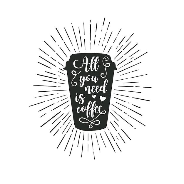 Coffee to go illustratie met belettering tekst en lichtstralen