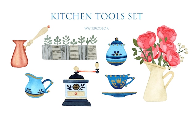 Coffee tools set watercolor isolated elements