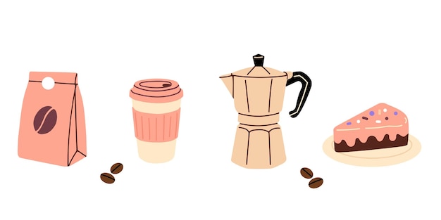 coffee tools with takeaway cup moka pot cake slice and coffee bag