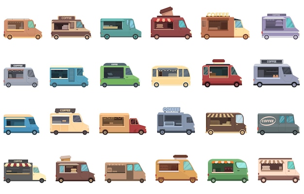 Coffee truck cafe icons set cartoon vector Food business