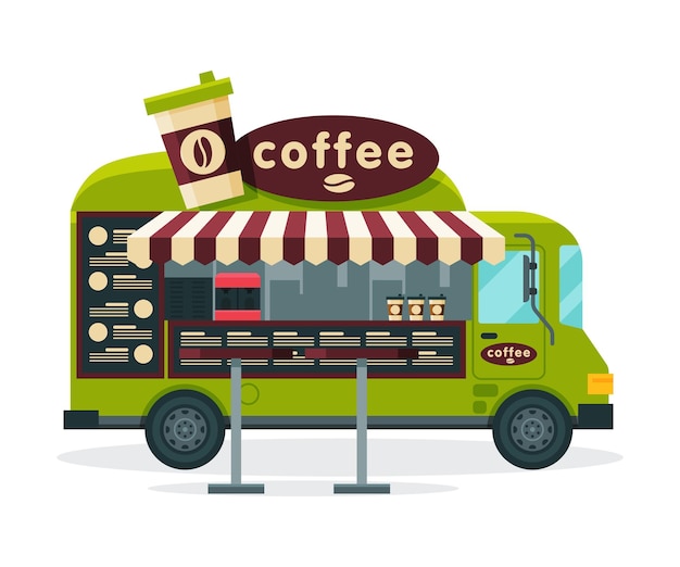 Coffee truck street meal vehicle mobile shop vector illustration