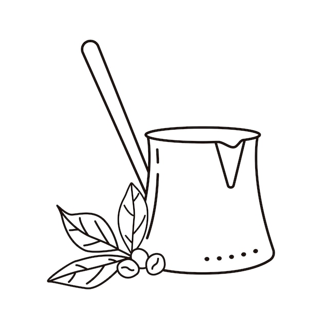 Caffè turco foglie e chicchi di caffè isolati su sfondo bianco stile doodle