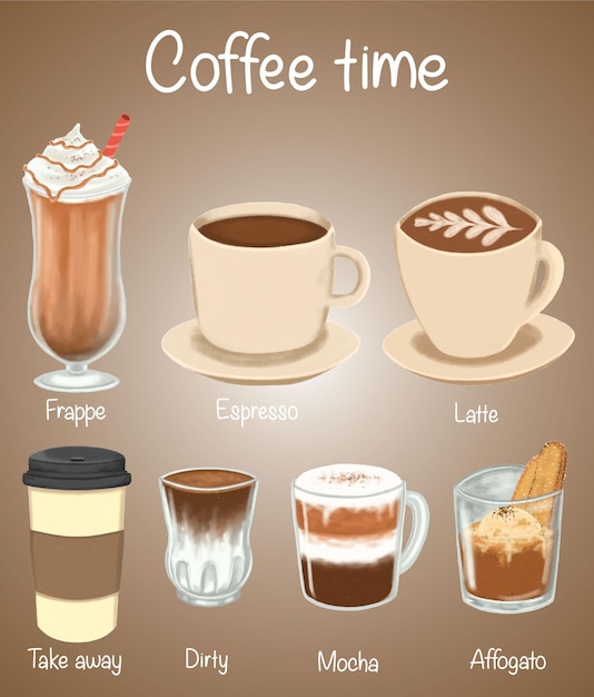 Vector coffee types collection coffee menu illustration hand drawn style