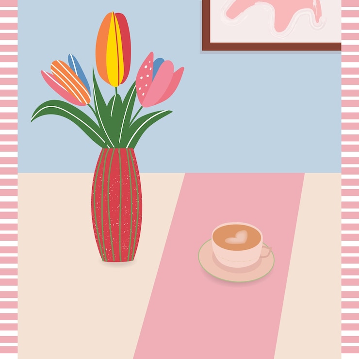 Vector coffee and vase with flowers interior design element flat vector illustration