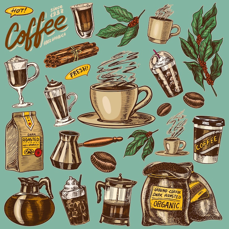 Vector ビンテージ スタイルのコーヒー穀物ココアの葉の袋シナモン スティック カップとティーポット コーヒー メーカーとミルクの袋カリグラフィーの碑文ラベル用の手描きの刻まれたレトロなスケッチ