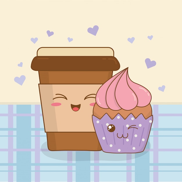 Caffè con personaggi kawaii cupcake