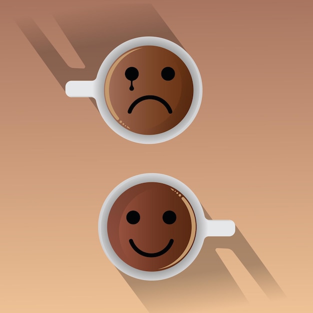 Coffee with face expression . white cup isolated wooden brown background editable vector design