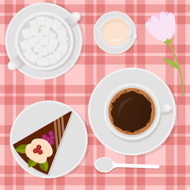우유와 케이크 테이블 그림에 커피.