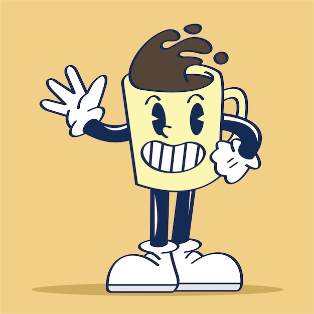 Coffee with Mug Cartoon Character Say Hello Hand Drawing Illustration Vintage Style