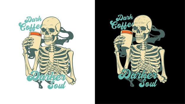 Vettore t-shirt coffee with skeleton design tipografico coffee with skeleton