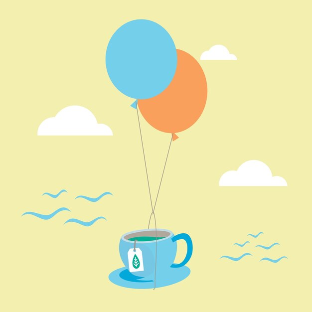 coffeemugs and colorful balloons with sky background