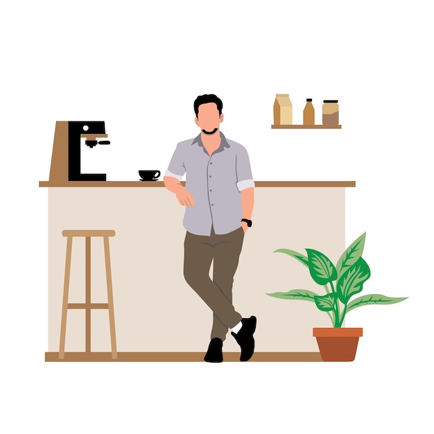 Vector coffeeshop barista met een kopje koffie vectorillustratie in vlakke stijl