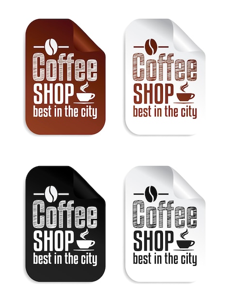 Vector coffeeshop bruin zwart wit stickers set