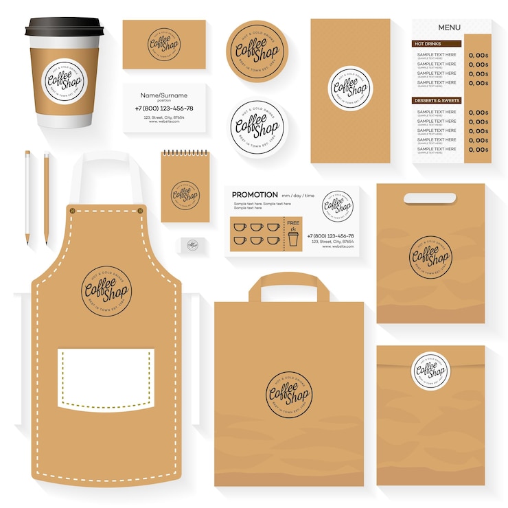Vector coffeeshop identiteit sjabloon ontwerpset met koffieshop logo restaurant café set kaart flyer menu pakket uniforme ontwerpset voorraad vector